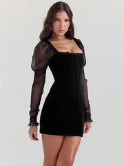 Gothic Wooden Ear Edge Wrap Hip Mesh Long Sleeve Square Neck Ruched Bodycon Mini Dress