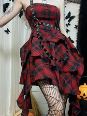 Red Plaid One Shoulder Irregular Strapless Backless Vintage Lolita Academy Dress