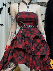 Red Plaid One Shoulder Irregular Strapless Backless Vintage Lolita Academy Dress