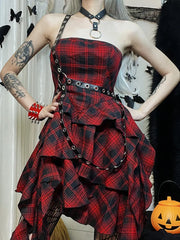 Red Plaid One Shoulder Irregular Strapless Backless Vintage Lolita Academy Dress