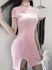 Retro Split Button Bodycon Cheongsam Mini Elegant Gothic Velvet Solid Black Red Pink Dress