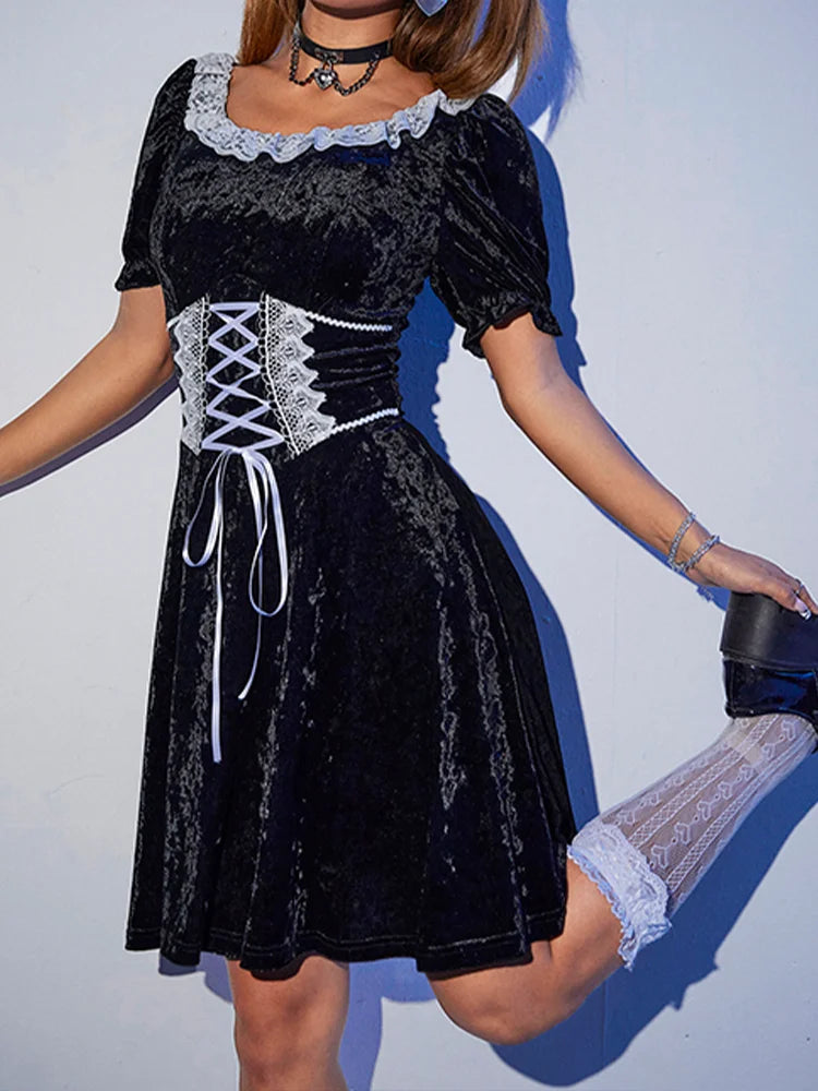 Black Harajuku Party Corset A-Line Velvet Summer Fashion Emo Chic Elegant High Waist Dress