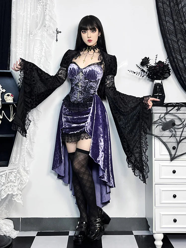 Steampunk High Low Vintage Floral Lace Spaghetti Strap Lolita Lace Up Corset Dress