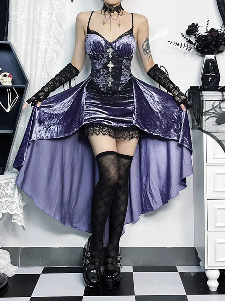 Steampunk High Low Vintage Floral Lace Spaghetti Strap Lolita Lace Up Corset Dress