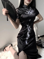 WomenEmbroidery Dragon Qipao Cheongsam Retro Side Slit Stand Collar Evening Dress