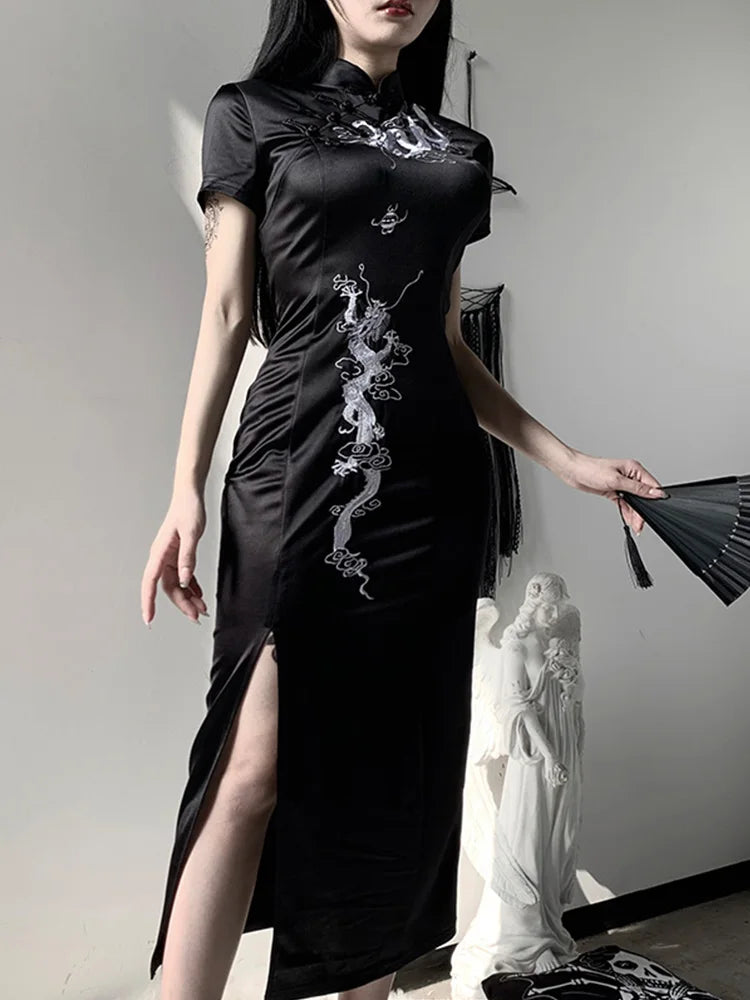 WomenEmbroidery Dragon Qipao Cheongsam Retro Side Slit Stand Collar Evening Dress