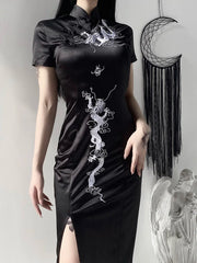 WomenEmbroidery Dragon Qipao Cheongsam Retro Side Slit Stand Collar Evening Dress