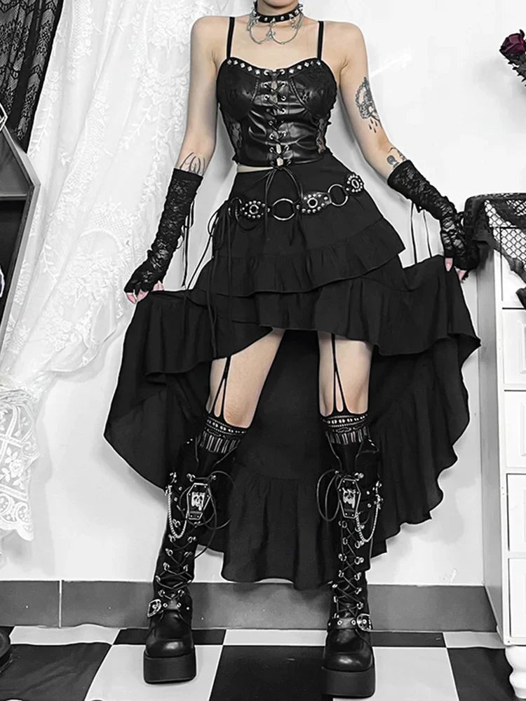 WomenSteamRetro Gothic Pleated Asymmetric Hi-Low Lace Party Irregular Victorian High-Low Bustle Skirt