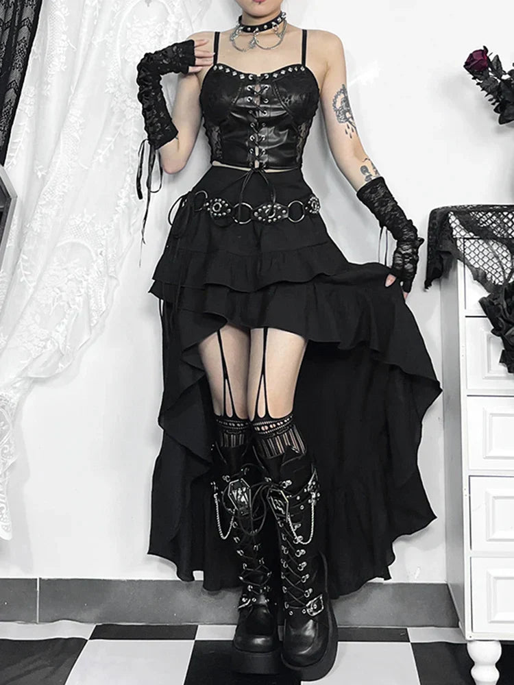 WomenSteamRetro Gothic Pleated Asymmetric Hi-Low Lace Party Irregular Victorian High-Low Bustle Skirt