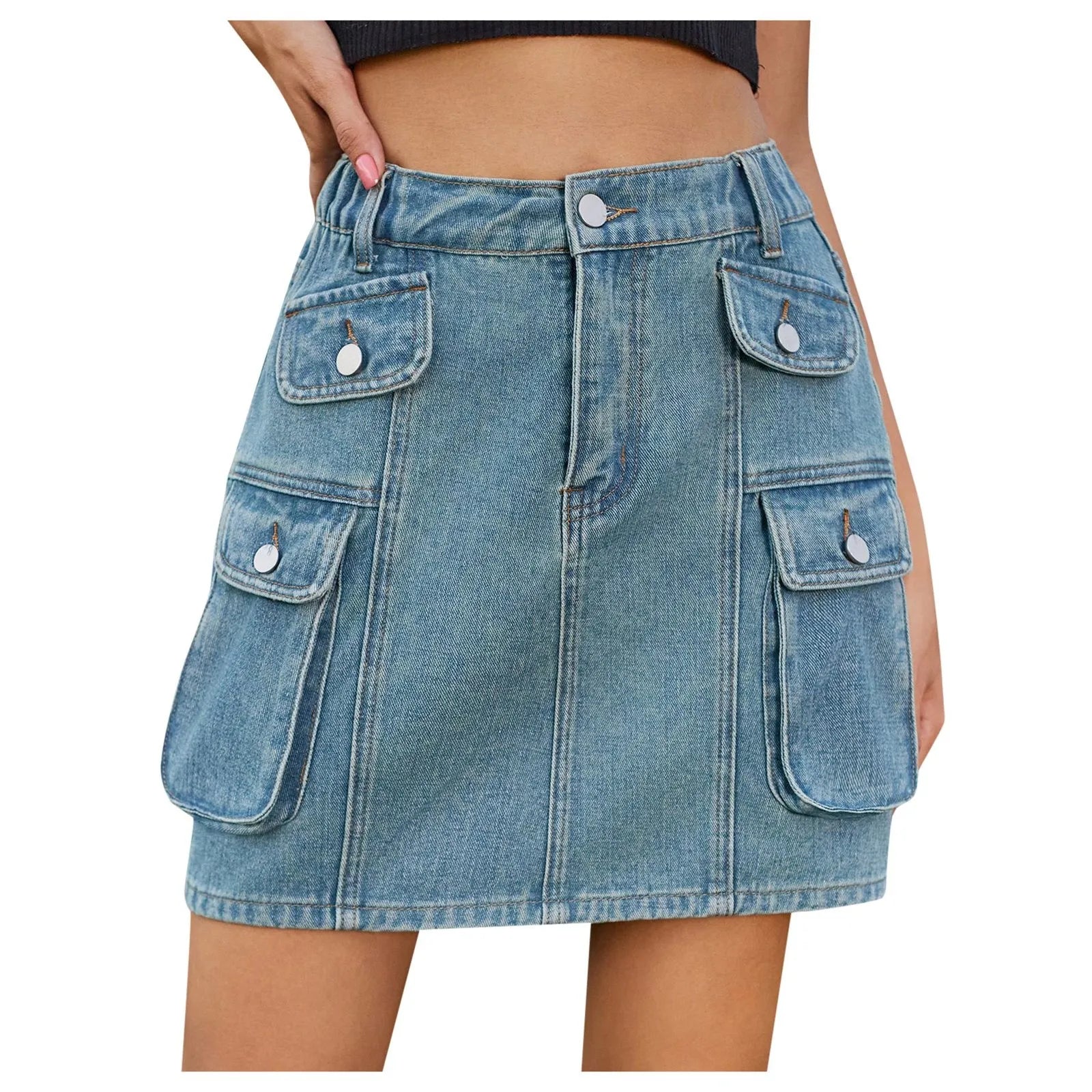 Denim Skirt Street Tooling Style Flap Ribbon Details Workwear High Street Skirt