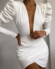 Irregular Solid White Long Sleeve Dress V Neck Puff Sleeve Party Dress Elegant Ladies Formal Workwear Vestidos Mujer