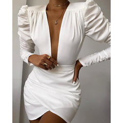 Irregular Solid White Long Sleeve Dress V Neck Puff Sleeve Party Dress Elegant Ladies Formal Workwear Vestidos Mujer