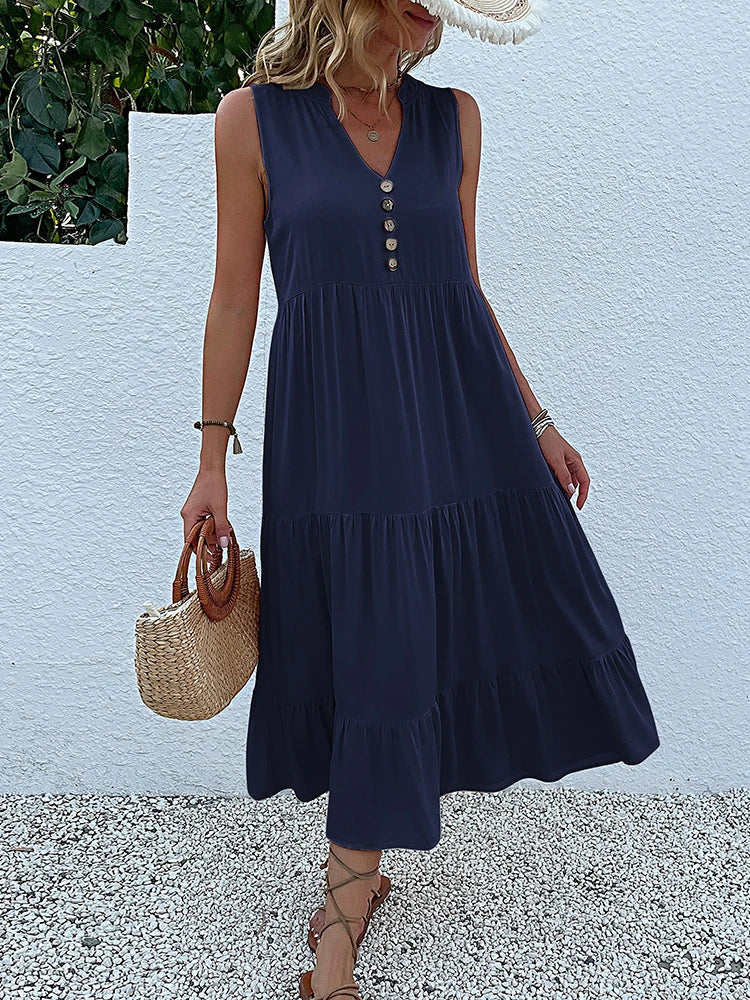 JIM & NORA Summer Sleeveless Tank V Neck Buttons Ruffle Loose Beach Solid Sun Fashion Midi Dress