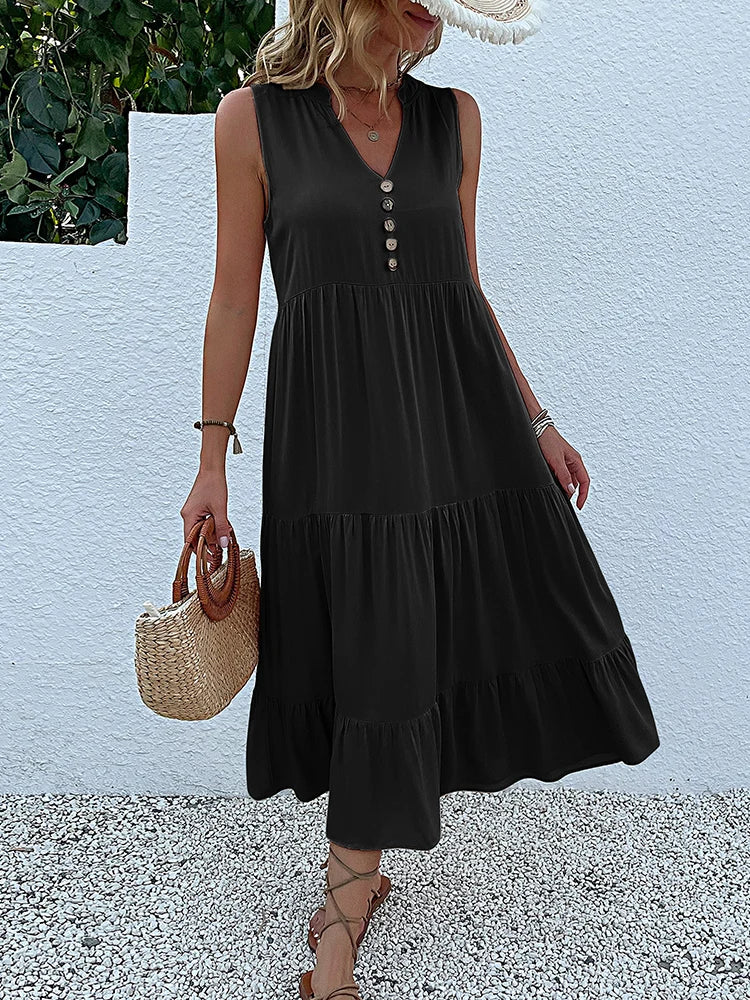 JIM & NORA Summer Sleeveless Tank V Neck Buttons Ruffle Loose Beach Solid Sun Fashion Midi Dress
