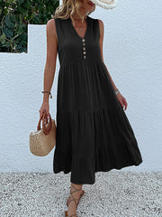 JIM & NORA Summer Sleeveless Tank V Neck Buttons Ruffle Loose Beach Solid Sun Fashion Midi Dress