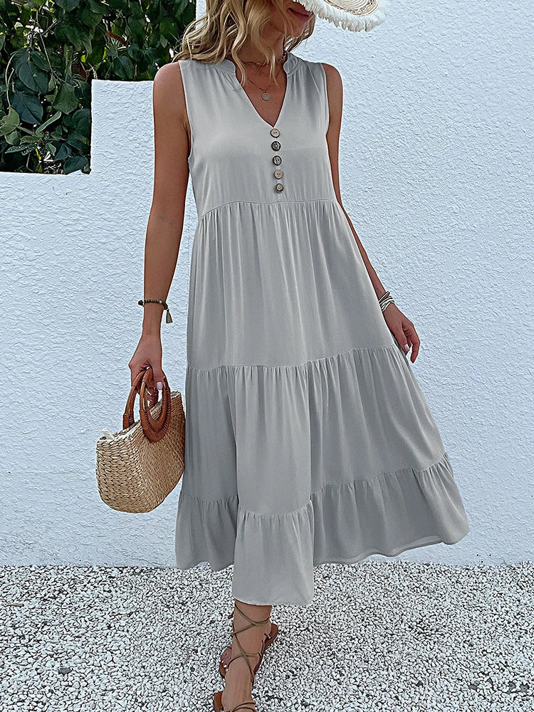 JIM & NORA Summer Sleeveless Tank V Neck Buttons Ruffle Loose Beach Solid Sun Fashion Midi Dress
