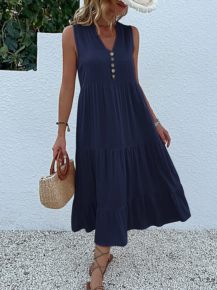 JIM & NORA Summer Sleeveless Tank V Neck Buttons Ruffle Loose Beach Solid Sun Fashion Midi Dress