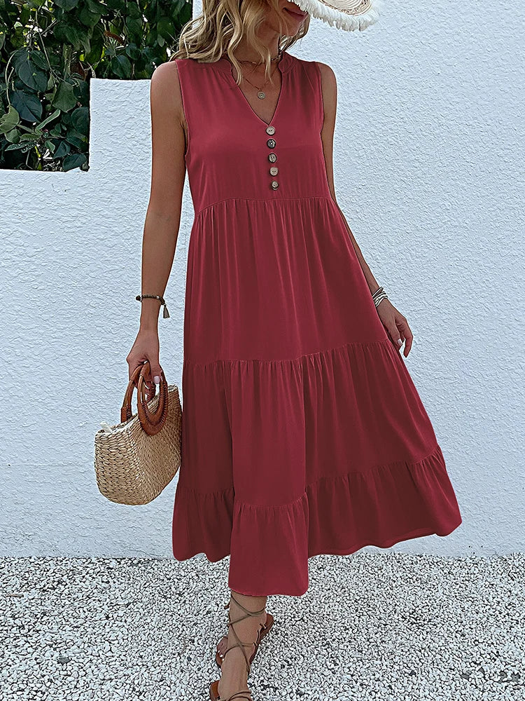JIM & NORA Summer Sleeveless Tank V Neck Buttons Ruffle Loose Beach Solid Sun Fashion Midi Dress