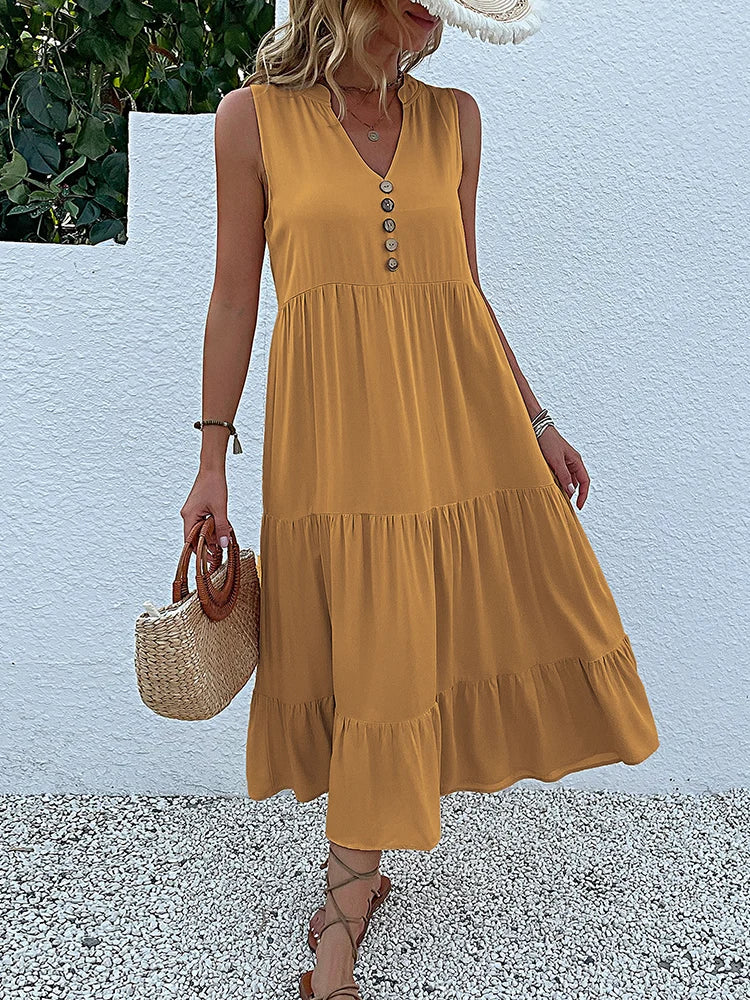 JIM & NORA Summer Sleeveless Tank V Neck Buttons Ruffle Loose Beach Solid Sun Fashion Midi Dress