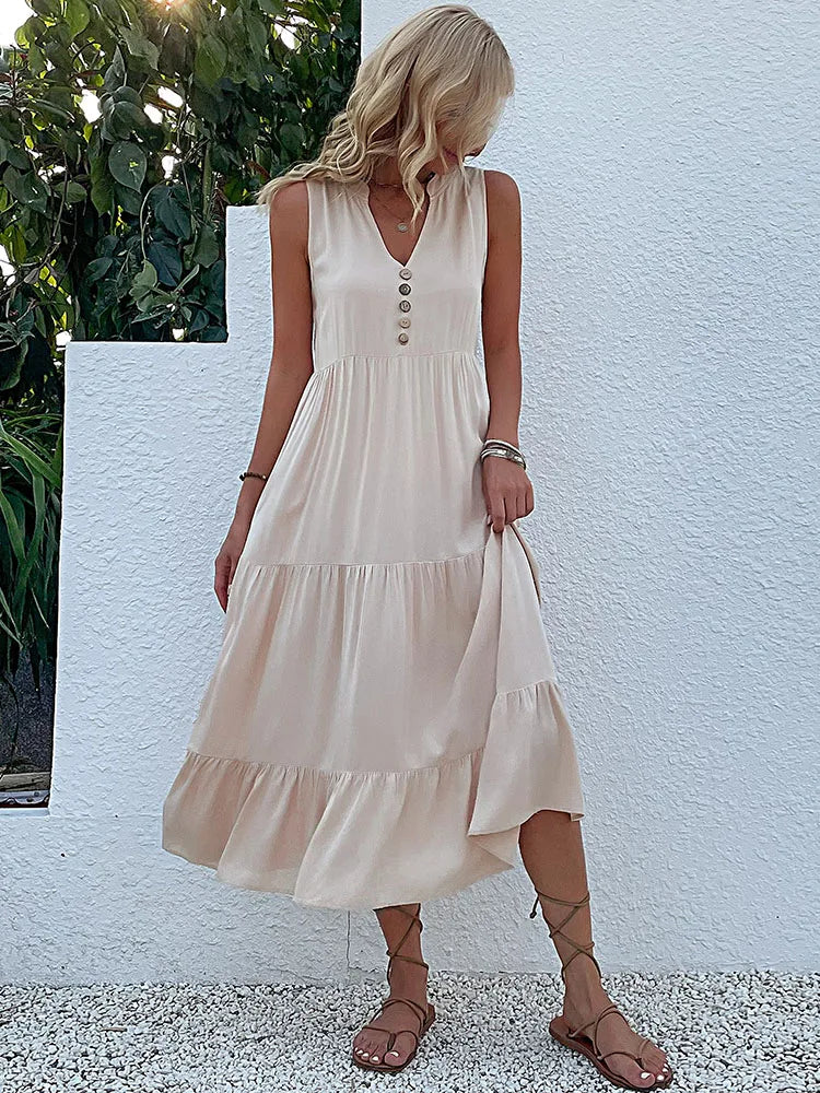 JIM & NORA Summer Sleeveless Tank V Neck Buttons Ruffle Loose Beach Solid Sun Fashion Midi Dress