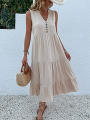 JIM & NORA Summer Sleeveless Tank V Neck Buttons Ruffle Loose Beach Solid Sun Fashion Midi Dress
