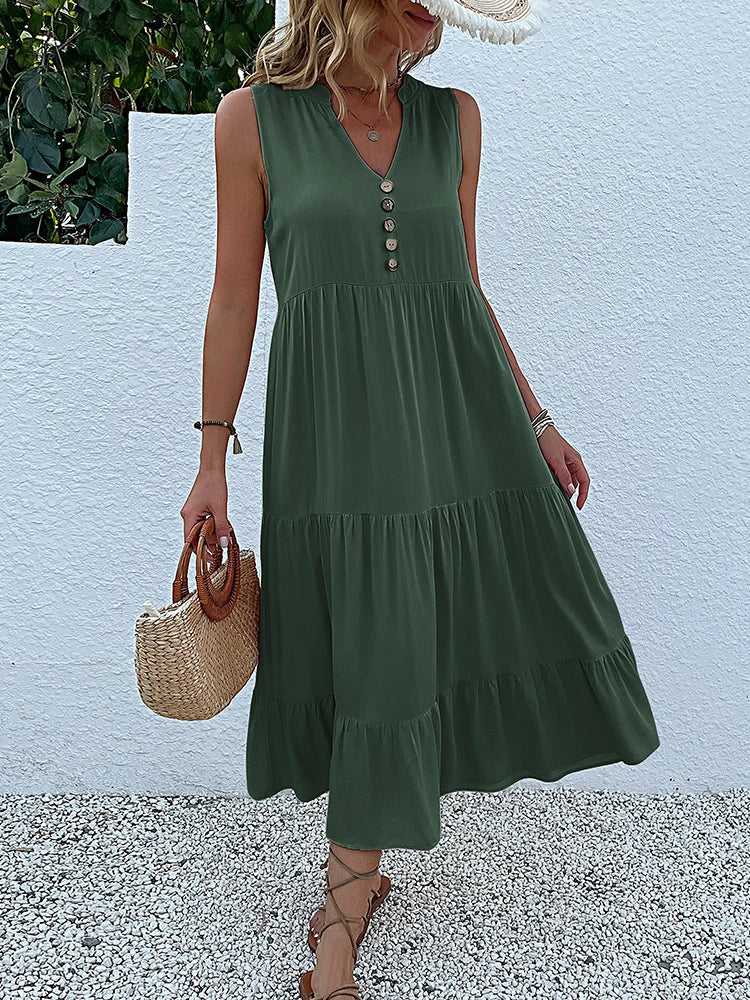 JIM & NORA Summer Sleeveless Tank V Neck Buttons Ruffle Loose Beach Solid Sun Fashion Midi Dress