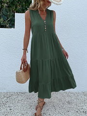 JIM & NORA Summer Sleeveless Tank V Neck Buttons Ruffle Loose Beach Solid Sun Fashion Midi Dress