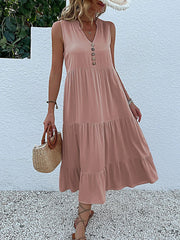 JIM & NORA Summer Sleeveless Tank V Neck Buttons Ruffle Loose Beach Solid Sun Fashion Midi Dress