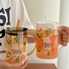 Korean Style Rabbit and Flower Print Glass Cup