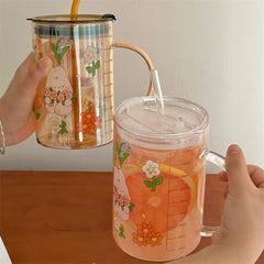 Korean Style Rabbit and Flower Print Glass Cup