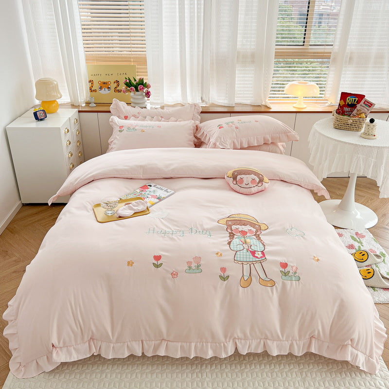 Cute Girl Embroidered Cotton Bedding Set