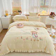 Cute Girl Embroidered Cotton Bedding Set
