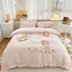 Cute Girl Embroidered Cotton Bedding Set