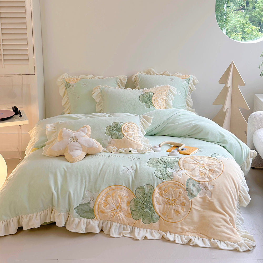 Cute Cartoon Lemon Embroidered Milk Fleece Winter Thickened Bedding Set