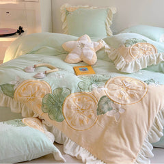 Cute Cartoon Lemon Embroidered Milk Fleece Winter Thickened Bedding Set