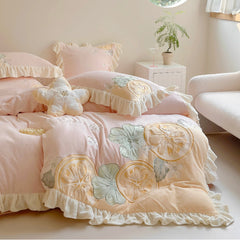 Cute Cartoon Lemon Embroidered Milk Fleece Winter Thickened Bedding Set