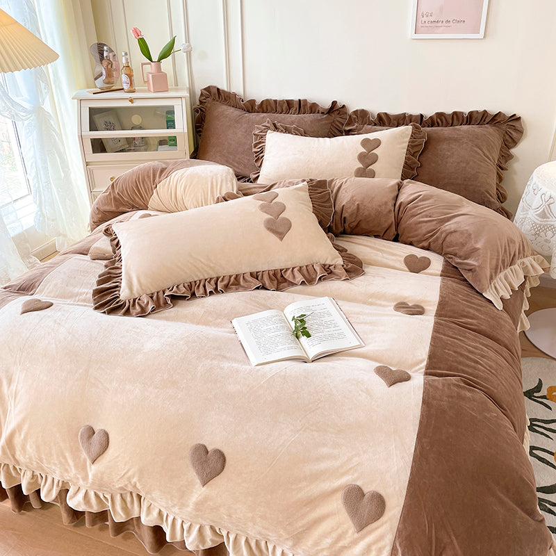 Heart Embroidery Winter Thickened Fleece Bedding Set