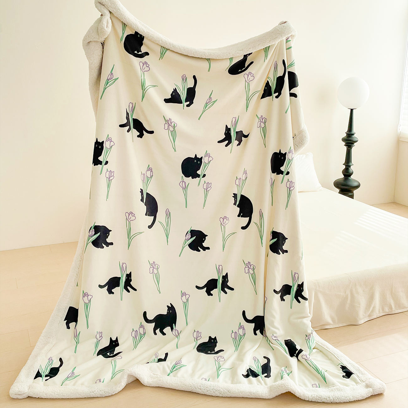 Black Cat and Iris Flower Printed Plush Blanket