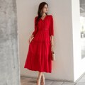 Cotton Patchwork Lace Dresses V-Neck Lantern Sleeve Maxi Dress
