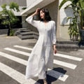 Cotton Patchwork Lace Dresses V-Neck Lantern Sleeve Maxi Dress