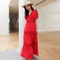 Cotton Patchwork Lace Dresses V-Neck Lantern Sleeve Maxi Dress