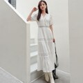 Cotton Patchwork Lace Dresses V-Neck Lantern Sleeve Maxi Dress