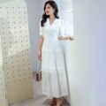 Cotton Patchwork Lace Dresses V-Neck Lantern Sleeve Maxi Dress