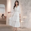 Cotton Patchwork Lace Dresses V-Neck Lantern Sleeve Maxi Dress