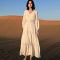 Cotton Patchwork Lace Dresses V-Neck Lantern Sleeve Maxi Dress