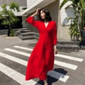 Cotton Patchwork Lace Dresses V-Neck Lantern Sleeve Maxi Dress