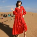 Cotton Patchwork Lace Dresses V-Neck Lantern Sleeve Maxi Dress