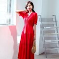 Cotton Patchwork Lace Dresses V-Neck Lantern Sleeve Maxi Dress