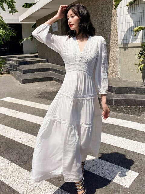 Cotton Patchwork Lace Dresses V-Neck Lantern Sleeve Maxi Dress
