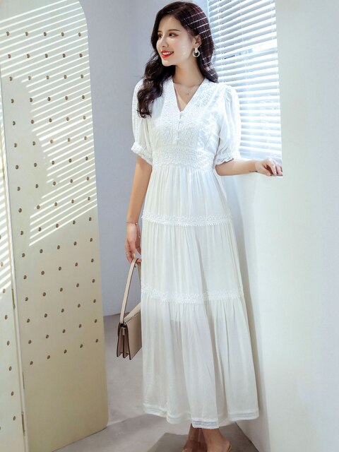 Cotton Patchwork Lace Dresses V-Neck Lantern Sleeve Maxi Dress